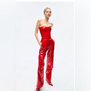 New Arrivals Giselle Pigalle Red Vinyl Cargo Jumpsuit Boned Bodice NWT